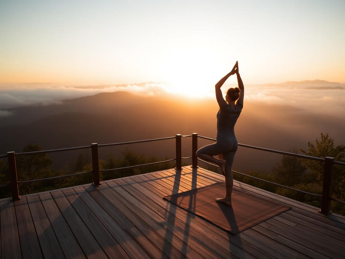 Sunrise yoga on wooden deck