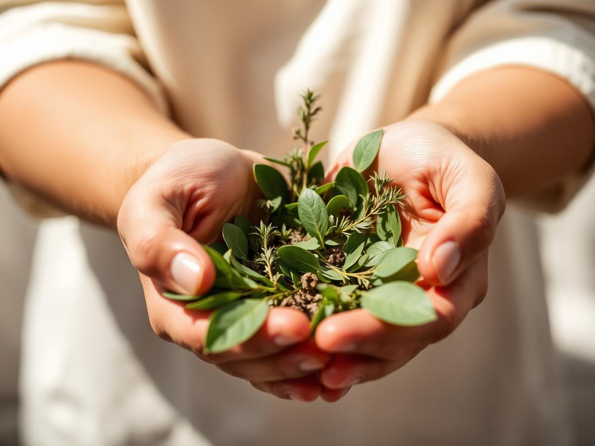 Hands holding fresh herbs