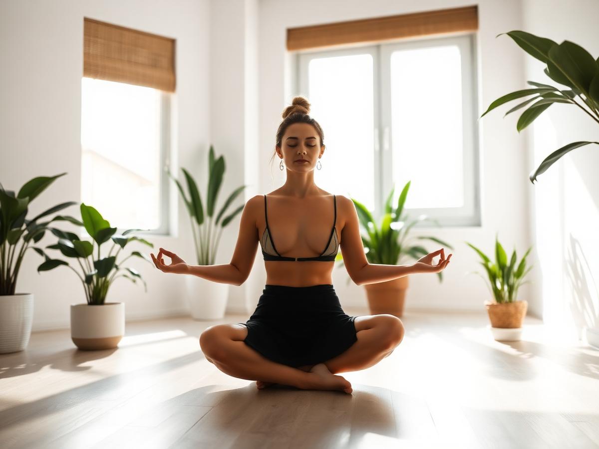 A serene woman practicing wellness at home